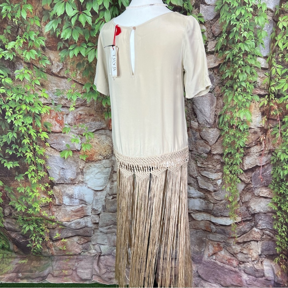 NWT TRYB Festival Style Taupe Silk Fringed Short Sleeve Blouse, XS - Picture 9 of 15